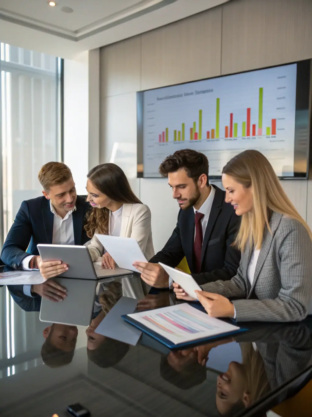 A collaborative online platform where consultants and clients are analyzing business review documents together, highlighting Trade View's collaborative approach.