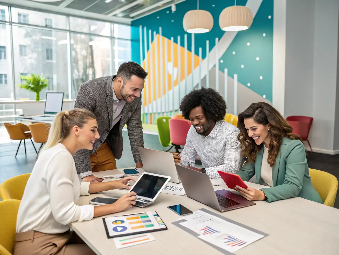 An image depicting a team of consultants collaborating on a market analysis report, highlighting key trends and insights.
