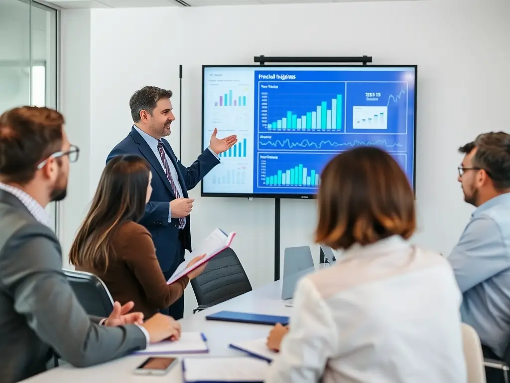 A photograph of a consultant presenting data insights on a tablet to a team in a meeting room, emphasizing the collaborative use of Trade View's tools.