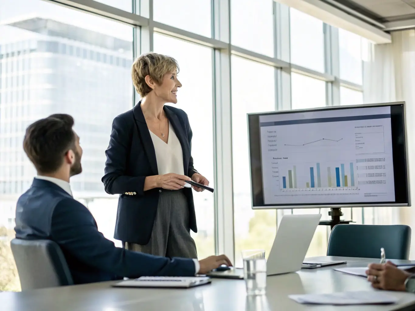 A consultant presenting a business review report to a client, highlighting key findings and recommendations in a well-lit conference room.