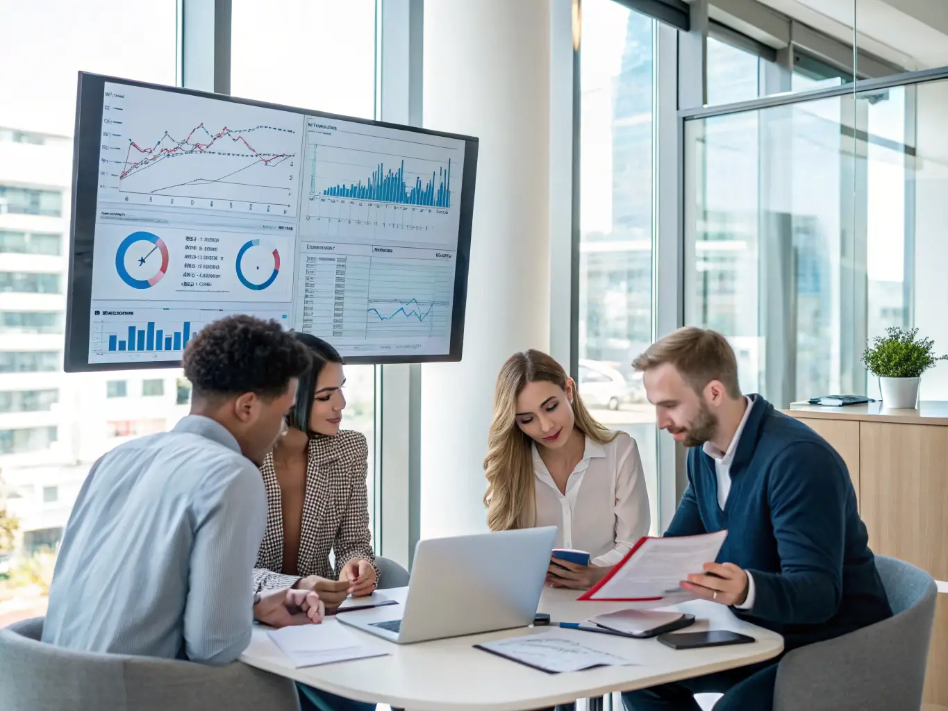 A team of analysts is conducting a trading review using advanced software and data visualization tools in a high-tech office environment.