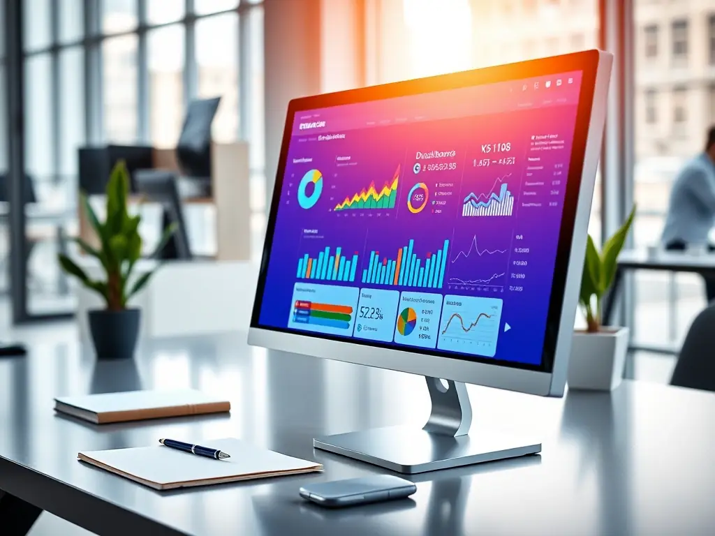 A digital illustration depicting a dashboard interface with various charts and graphs representing business analytics, set against a backdrop of a modern office environment.